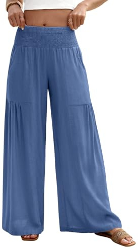 heekpek Pantaloni Lino Donna Estivi Leggeri Eleganti Pantaloni a Gamba Larga con Elastico in Vita Freschi Comodi Vita Alta Pantalone Largo con Tasche, Blu Navy, L
