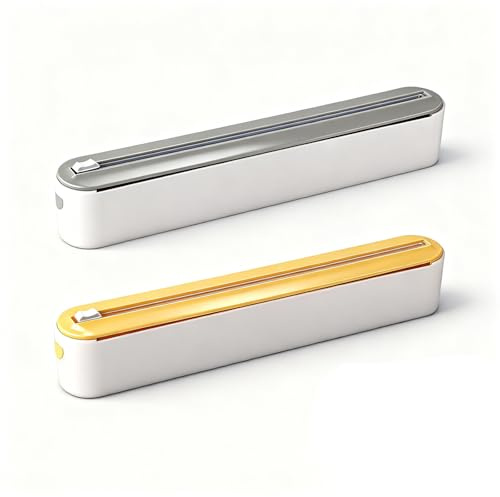 2Pcs Cling Film Dispenser and Cutter, 36cm Clingfilm Holder with Cutter Adjustable Plastic Wrap Dispenser Refillable Aluminum Tin Foil Dispensers for Kitchen(Grey,Yellow)