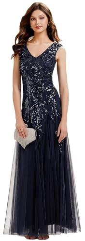 Ever-Pretty Ballkleider Damen Lang Pailletten Ärmelloses Abendkleid mit V-Ausschnitt für Kleid Silvester Navy Blau 44