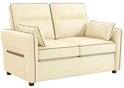 HOMCOM Divano 2 Posti Imbottito in Pelle Finta con Bordo a Contrasto, Divanetto da Salotto con Imbottitura Spessa, 2 Cuscini Rimovibile e Lavabile, Braccioli e Tasche Laterali, 136x81x90 cm, Beige