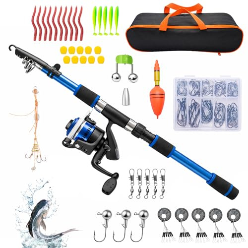 LN COZY CORNER Kids Fishing Rod Starter Set – 45-166cm Telescopic Fishing Rod & Reel with Lures, Hooks & Carry Bag, Complete Beginner Fishing Kit, Lightweight Outdoor Toy Gift for Boys & Girls