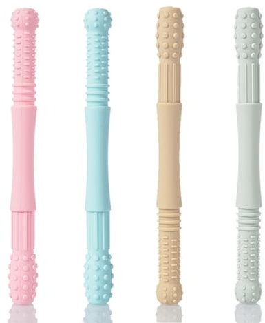 QEDBOJE Mordedor de silicona para bebés, 4 piezas, BPA libre, apto para lavavajillas, tubos refrigerantes, incluye cepillos de limpieza, congelar y mordedores para 3-6 meses, juguetes para dentición