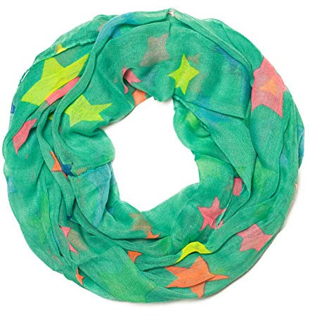 Kandharis leichter, kleiner, halbtransparenter Sommer Loopschal Schlauchschal aus der aktuellen Kollektion Muster-Mix Dots Sterne Neon Neonfarben & Pastellfarben S22-Grün Grün