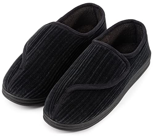 LongBay Men's Diabetic Wide Fit Slippers Comfy Warm Plush Fleece Memory Foam Arthritis Edema Swollen House Shoes Black 7UK