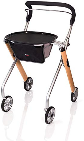 Stander Let’s Go Indoor Rollator, Lightweight Four Wheel Euro Style Walker with Tray, Folding Mobility Aid for Seniors by Trust Care, Beech