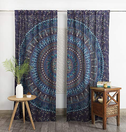 Popular Handicrafts Indian Hippie Bohemian Beautiful Elephant Blue Tarquoise Color Mandala Curtain Panels