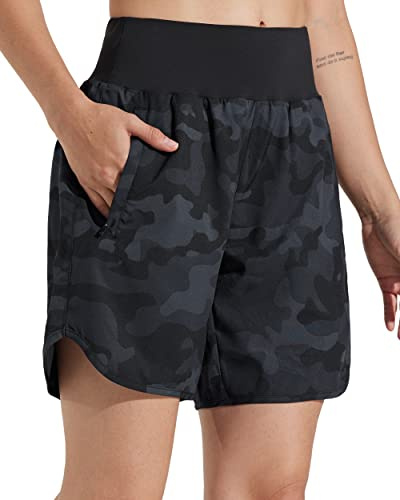 Libin Pantalone Corto Mujer de Deporte con Forro de Secado Rápido Running Atléticos Yoga Gimnasio Shorts con Bolsillos Cremallera, Camuflaje Negro S