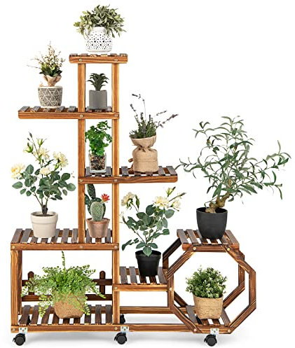 COSTWAY Support de Plante en Bois 8 Niveaux, Étagère pour Fleurs avec Roues Pivotantes à 360° et Verrouillables, Support Pot de Fleurs pour Balcon, Jardin, Terrasse, 107x29x126CM