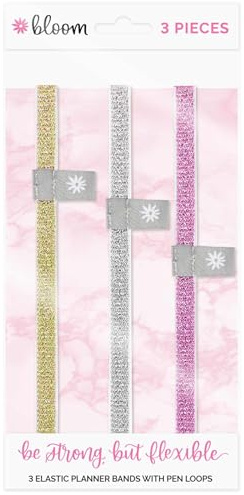bloom daily planners Elastic Planner Bands with Pen Holder Loop - Set of 3 Stretchy Closure Bands/Bookmarks for Planners, Journals, Notebooks & More - Gold, Pink, Silver