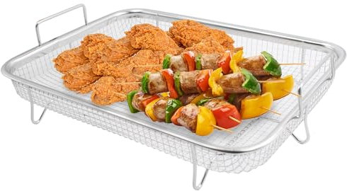 2 piezas Cesta de rejilla para horno de acero inoxidable con Mango Cesta Parrilla Malla Bandeja Hornear Canasta para Verduras Pollo Carnes y Pescados 30x22x5,5 cm