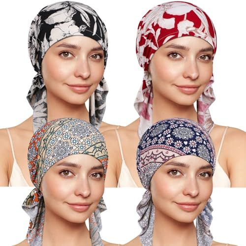 TSKNOMO 4 pièces Coiffe pour Chimiothérapie pour Femmes, Foulard Pré-attaché, Coiffe pour Cancer Contre la Perte de Cheveux, Lot de 4, taille unique