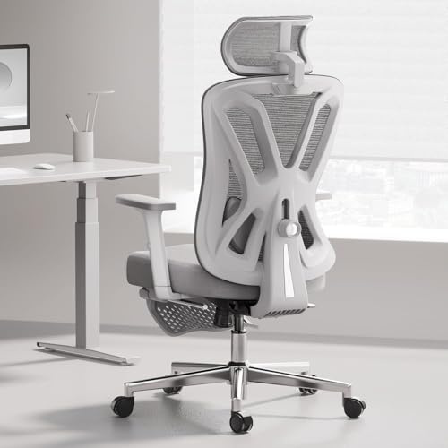 Hbada P5 Silla de Oficina ergonómica con Soporte Lumbar Ajustable, cojín elástico Transpirable, reposabrazos Ajustables y reposacabezas, Reposapiés Integrado, Negro (Aluminium, Blanco)