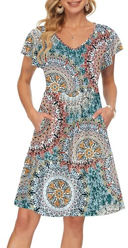 AUSELILY Women Summer Dress Ruffle Petal V-Neck Sundress Short Sleeve Casual Dress with Pockets Print Green M