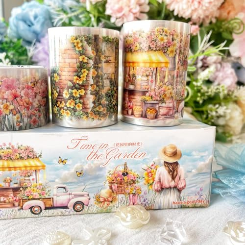MisKepaa Set di Adesivi per Scrapbooking, 3 Rotoli Pre-Tagliati Washi Tape PET, Nastri Floreali per Accessori Scrapbook, Bullet Journal, Scrapbooking, DIY Crafts, Pittura (Monet Flower Sea)