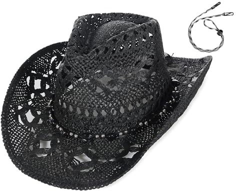 EOZY Men & Women's Summer Cowboy Cowgirl Straw Hat Hollow Out Style Roll Up Brim Beach Sun Hat for Ladies Obsidian Band