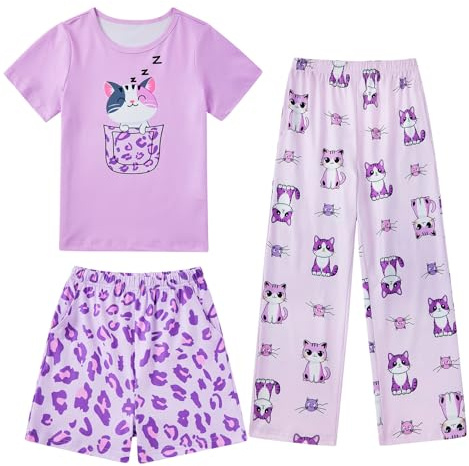 Fanient pyjamas för flickor färgglada tryckta nattkläder kortärmad nattkläder pyjamas 3-delat set 7-14 år, Katter, 9-10 Years