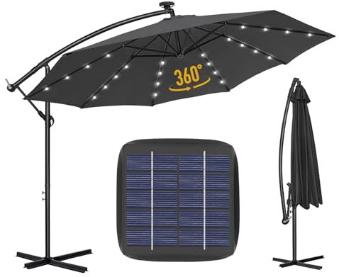 3.5M Sonnenschirm，Alu Ampelschirm mit Kurbel,Ständer,Wasserdichter,UV-Schutz,360° Drehbar,Gartenschirm,Marktschirm,Kurbelschirm,Freiarmschirm,Sonnenschutz für Garten,Terrasse,Pool,Balkon，Anthrazit
