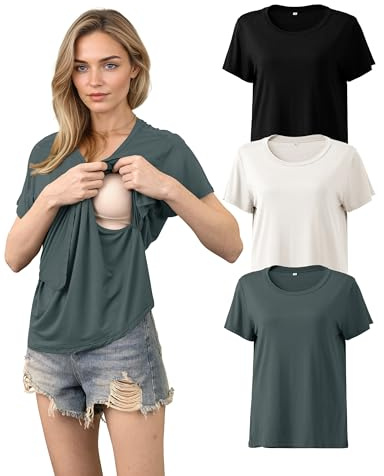 SUNNYBUY Set di 3 magliette per allattamento, a maniche corte, da donna, nero, bianco crema, grigio antracite, S