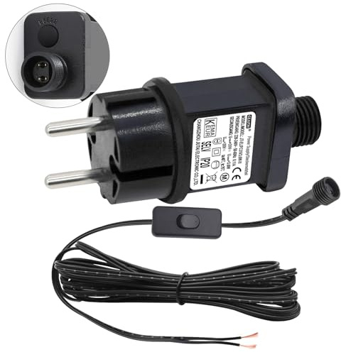 Transformateur LED CZJUTAI IP44 EL/FC31V3.6W Alimentation pour éclairage de Noël avec Prise - Prise européenne avec Un câble de 3 m et Un Bouton en 1 clic, allumez Le Cordon d’Alimentation[G53W]