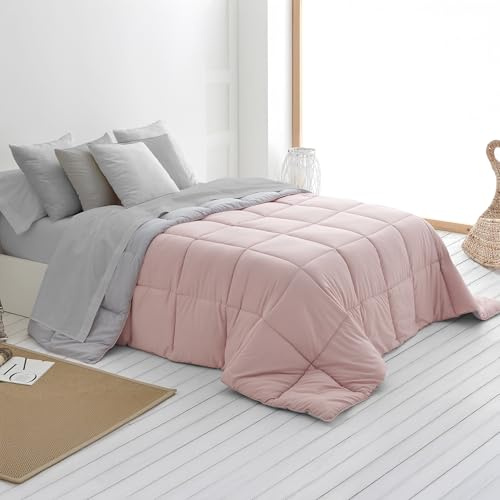 SOMNI HOME Edredon Bicolor Otoño Cama 80/90 cm. Tacto Pluma. Colcha Microfibra Reversible Ligera. Cama Individual. Primavera Verano 200 gr. Color Rosa - Gris 180x260