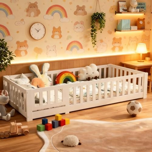 BestAlice Montessori Lit pour enfant, 90 x 200 cm, avec protection anti-chute et sommier à lattes, lit simple, cadre de lit en pin massif, lit pour enfants, lit à barreaux, sans matelas, blanc