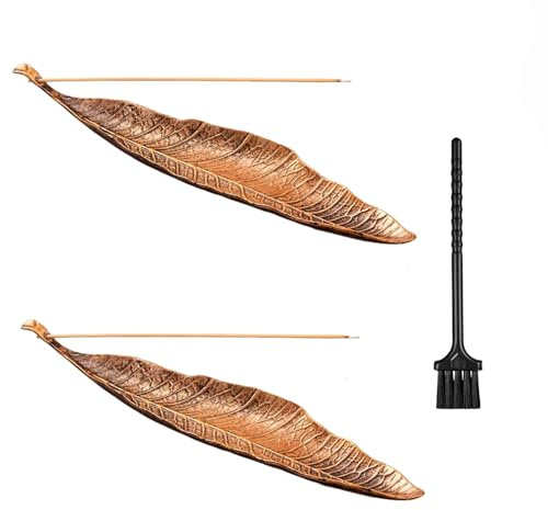 ikBrtaiay 2 Pièces de Bronze Porte-Encens Feuilles de Métal, Brosse Incluse Support Encens d’Encens Métallique Brûleur d’Encens en Feuille pour Maison Bureau Yoga Méditation