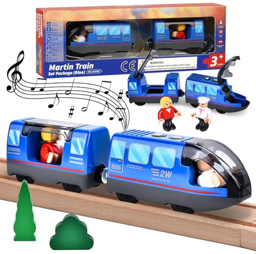 JONRRYIN - Locomotiva elettrica per ferrovia in legno, treno a batteria con attacco magnetico, giocattolo per bambini di 3, 4+ anni