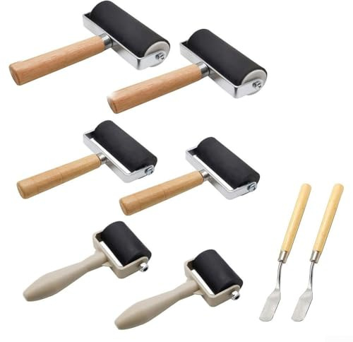 Sistema de goma del brayer, rodillos de tinta fijados con las manijas de madera, 8Pcs para la impresión Lino CuttingBlock Printing