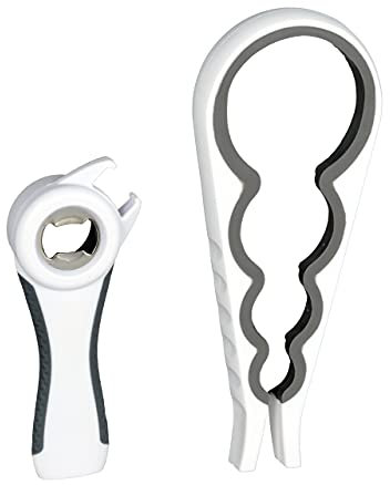 Relaxdays Deckelöffner Hilfe, 2er Set Multiflaschenöffner, Senioren, Universalöffner für Gläser & Flaschen, weiß-grau 10027894_1084, 22 x 9 x 2.5 cm