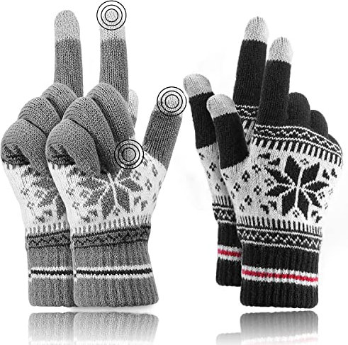Buluri Winter-Strickhandschuhe, 2 Paar Warme Touchscreen-Handschuhe Unisex Warme Strickhandschuhe für Freizeitaktivitäten - Schwarz&Grau