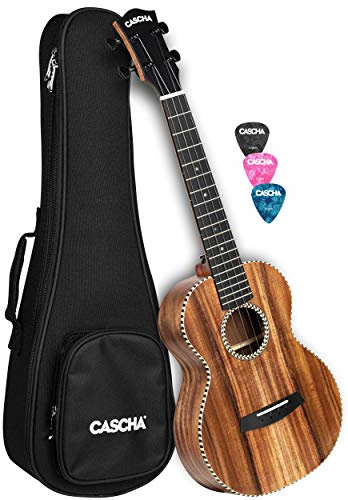 CASCHA All Solid Acacia Tenor-Ukulele 26 Zoll I hochwertiges Ukulele-Set mit 3 Plektren & Tasche I markantes Design - warmer Klang I ideal für Anfänger & Fortgeschrittene I Kleine Hawaii-Gitarre