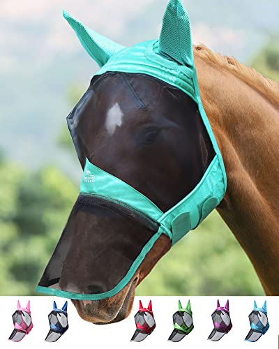 Harrison Howard CareMaster Pro Luminous Horse Fly Mask Large Eye Space Long Nose with Ears UV Protection for Horse Summer Mint S Pony