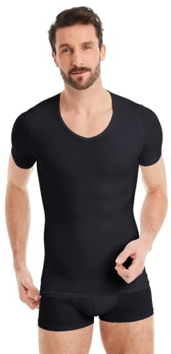FINN Men's Figure-Shaping Compression Undershirt with V-Neck – Short-Sleeve Shapewear T-Shirt Made from Cotton – Body Shaper Compression Vest for a Flatter Stomach Black XL
