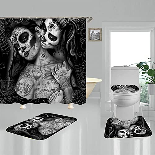 KnSam Duschvorhang 180x200CM, Anti-Schimmel Wasserdicht Vorhänge Gothic Totenkopf Tattoo Frauen Polyester Bad Vorhang Für Badezimmer Bodenmatte Duschvorhang Set Inkl. 12 Duschvorhangringen