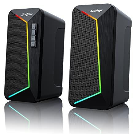 SOULION R40 Computer Lautsprecher, 2.0 USB-betriebene, Beleuchtung für PC mit Lautstärkeregler Taste, Bluetooth 5.3, Surround Sound für Laptop,Tablets,Smartphone