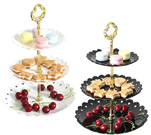 Tianlong 2 Set 3 Tier Cake Stands for Afternoon Tea, White and Black Plastic Cake Stand-Dessert Stand-Cupcake Stand-Tea Party Serving Platter