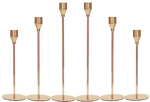 Set of 6 Gold Candle Holders, Candlestick Tall Taper Candle Holders 3/4 Inch Thick Candle, Metal Dinner Candle Stands for Dining Room, Centerpiece, Wedding, Table, Mantel, Candlelight Dinner, Party
