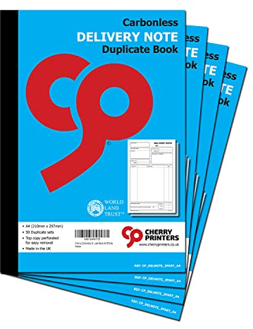 Cherry Carbonless (NCR) Delivery Note Duplicate Book A4 50 Delivery Note Receipts per Book with Space for VAT Customisable Delivery Number and Order Reference **4 Pack**