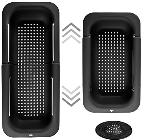 MATAMC Spülbecken-Sieb, Siebkorb über der Spüle, Spülbeckensieb ausziehbar (34,5-47,5cm) mit Abflusssieb, Küchenutensilien für Spülen, Abtropfen, Auftauen, Lufttrocknen - Gemüse (Schwarz)