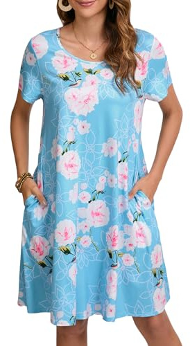 Enmain Robe Courte Femme ete à Manches Courtes Longueur Genou Robe t-Shirt élégante décontractée bohème de Plage avec Poches, Bleu Clair Fleuri, XL