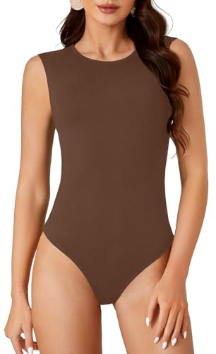 OPOIPIN Dam bomull rund hals ärmlös smal passform bodysuit trikåer linne, Brun, L