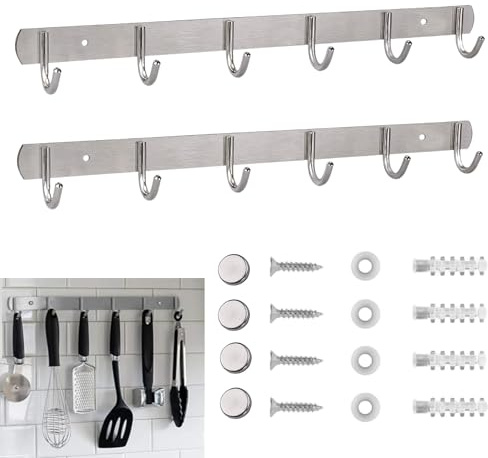 QHSXMQ Percheros Pared con 6 Ganchos,Ganchos Perchas de Montaje en Pared 201 Acero Inoxidable,Perchero Baño,Adecuado para perchas de cocina, dormitorio y baño(Plata)
