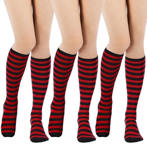 Moon Wood 3 Pairs Striped Knee High Socks for Women Valentine's Day Tube Socks Daily Wear Casual Outfit Cosplay Calf Sock