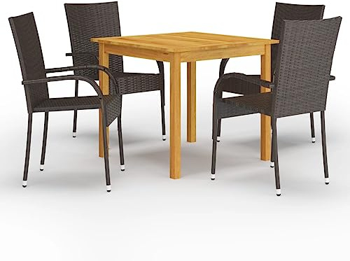 Qnhdfrt Gruppo da giardino in legno di acacia con sedie in rattan PE 85 x 85 cm tavolo e 4 sedie impilabili per terrazza, balcone e giardino