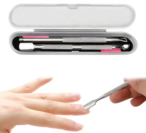 KEQAR Set de 2 piezas de empujador y raspador de uñas de acero inoxidable, removedor de esmalte UV en gel, herramientas para uñas y pies, con estuche de almacenamiento