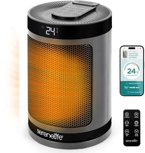 SereneLife Smart Space Heater – 1500W Indoor Electric Heater with Thermostat, Remote Control, 12-Hour Timer, Wi-Fi Enabled PTC Ceramic Heating for Home and Office, Gray (5.9 x 5.9 x 9.5)