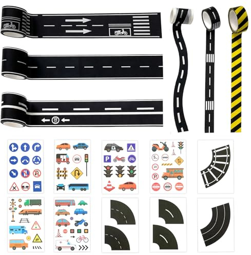 Foonary 16 delar. Road Railway Washi Tape Set – 6 rullar gata tejp & 10 trafikmärken klistermärken, för lekgata för barn, konstprojekt, gör-det-själv-hantverk och leksaksbilscener