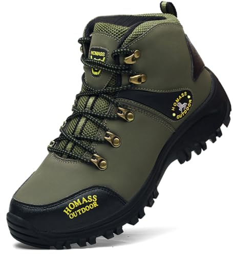 HOMASS Men's work boots Waterproof Hiking Boots,thermal Leather Ankle Snow Boots for Outdoor Climbing, Trekking, Backpacking, and Trekking (Green，8.5