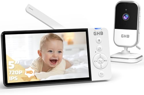 GHB Baby Monitor Video e Audio 5 720P HD 5000mAh IPS Schermo, Telecamera Bambini con Monitor Visione Notturna Rilevamento della Temperatura Ninne Nanne Integrate