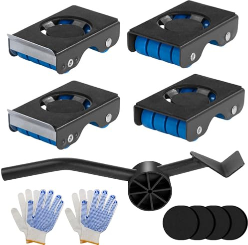 Furniture Transport Roller Set, 7PCS Furniture Lifter Upgrade Moving Wheels Movers with 4 Metal Sliders Lever & Gloves for Washing Machine Appliance Sofa Bed